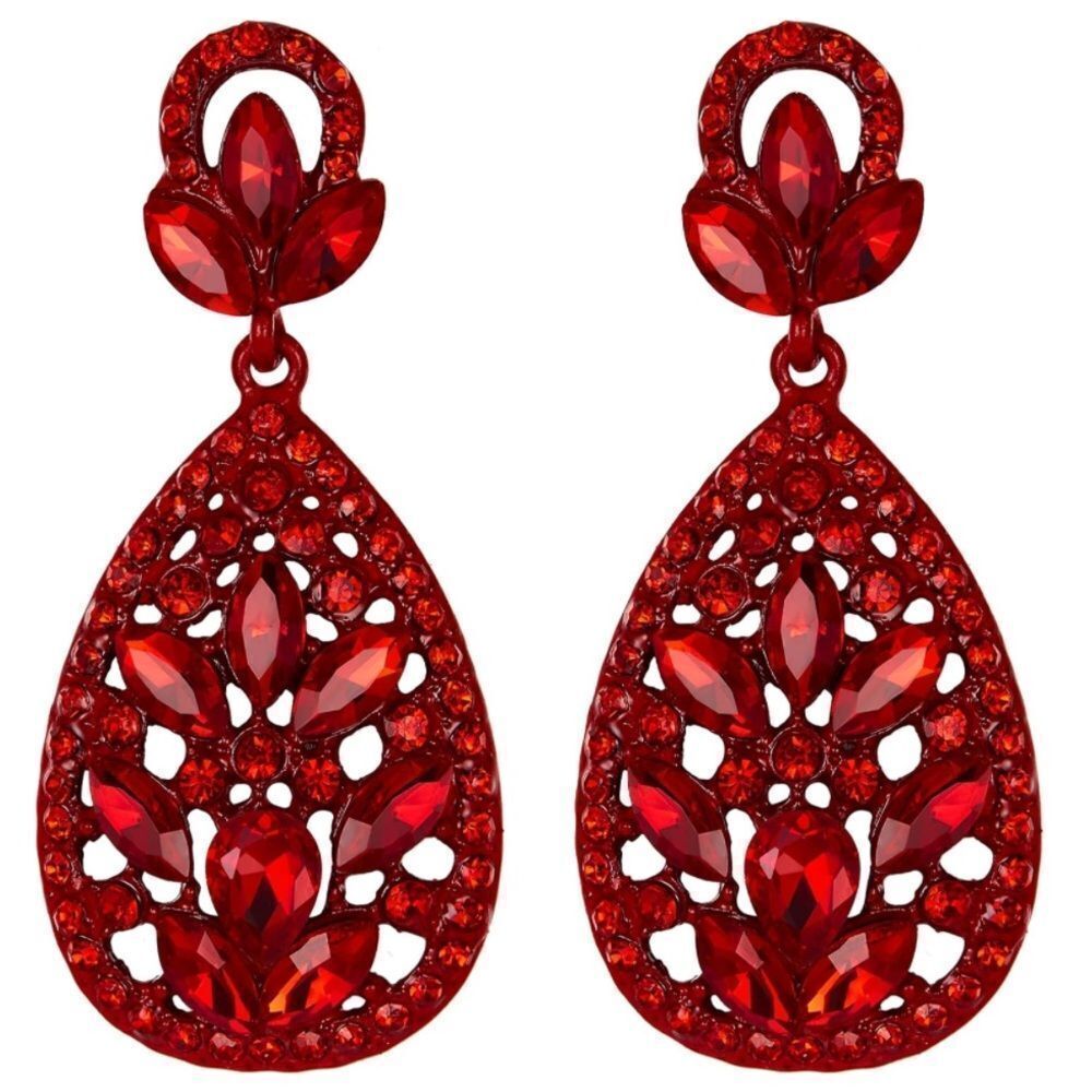 Red with Ruby Red Austrian Crystal Teardrop Chandelier Post Back Drop Earrings